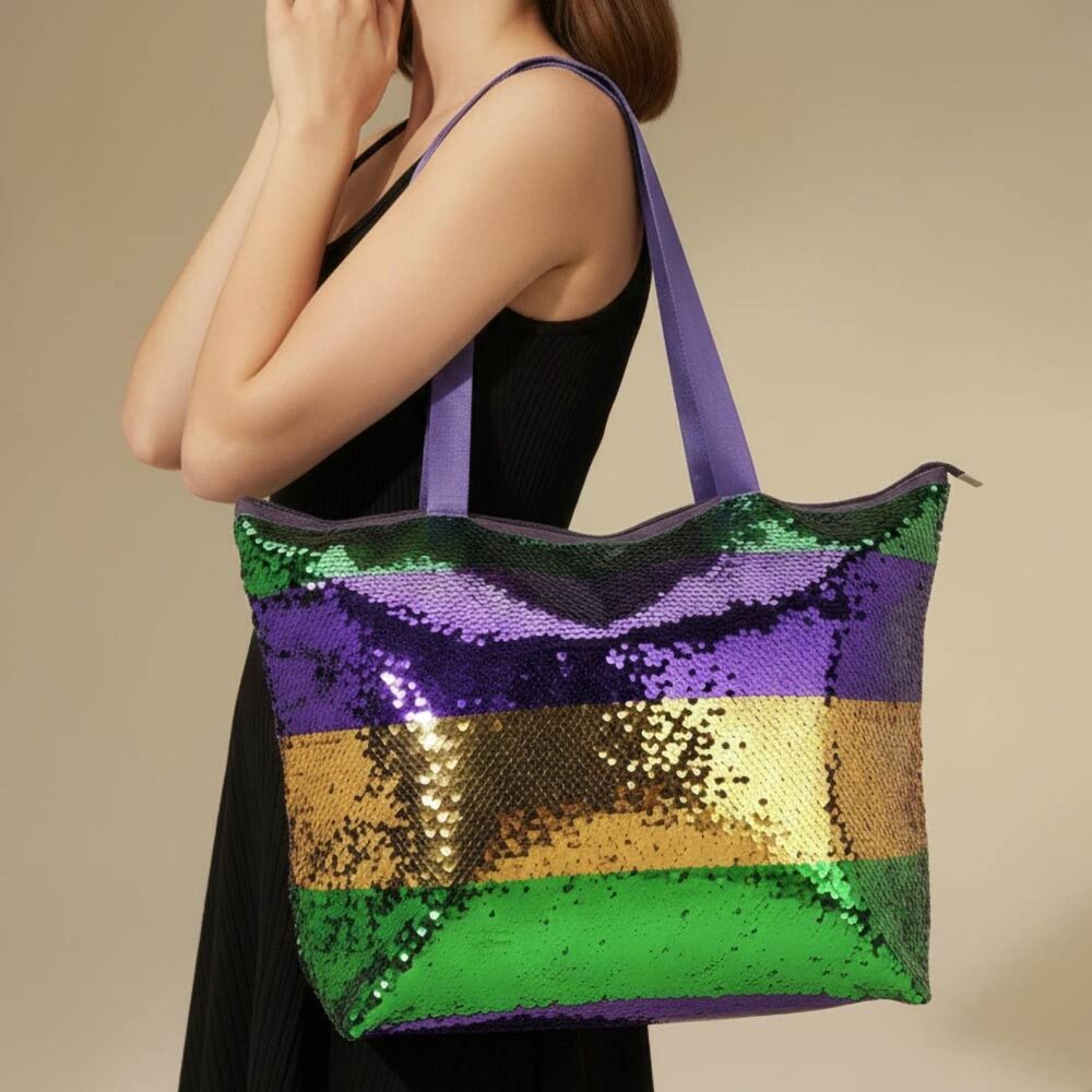 Wide Purple Green Gold Sequin Stripe Mardi Gras Tote Purse Shoulder Bag